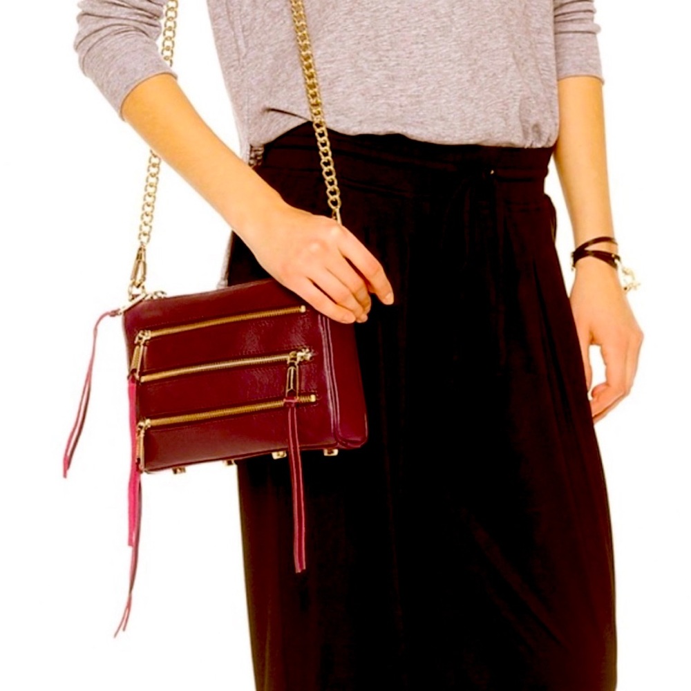 Rebecca Minkoff 5 Zip Maroon Burgundy Leather Chain Strap Crossbody Purse Bag
